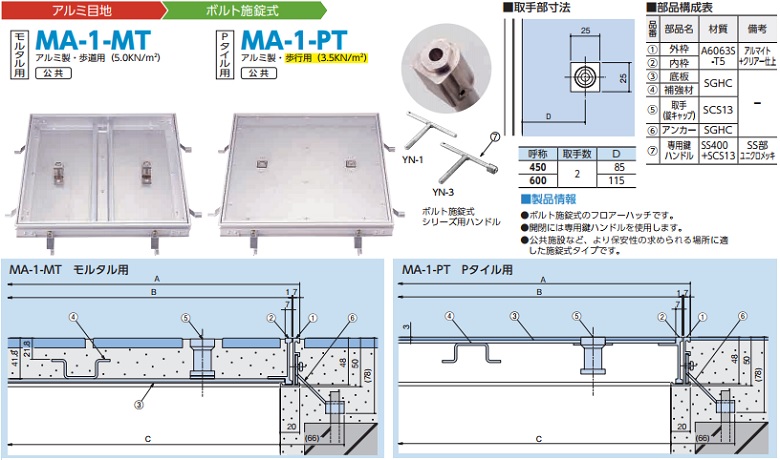 アルミ製アルミ目地（ボルト施錠式）MA-1-MT　／　MA-1-PT