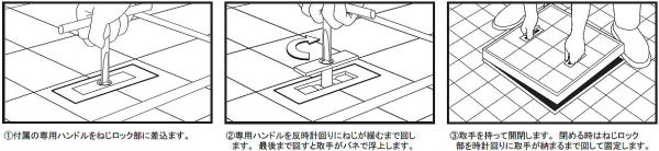 中部コーポレーション ステンレス目地フロアーハッチ MS-1-ML(モルタル充填用)・MS-1-PL(樹脂タイル用)：ネジロック式 フロアーハッチの開閉方法