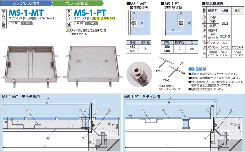 ステンレス製ステンレス目地（ボルト施錠式）MS-1-MT　／　MS-1-PT