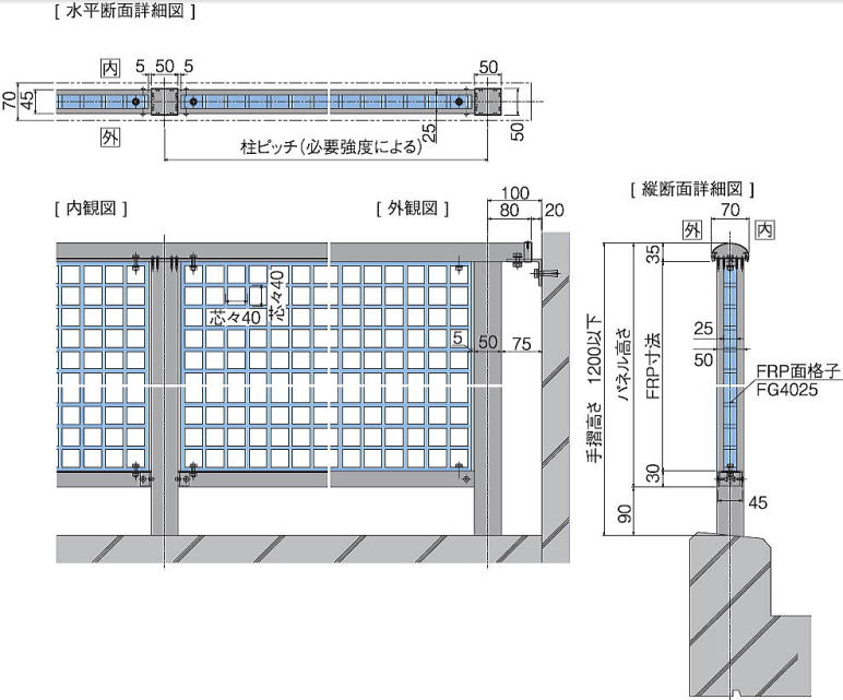 FRP製面格子 柱芯タイプ