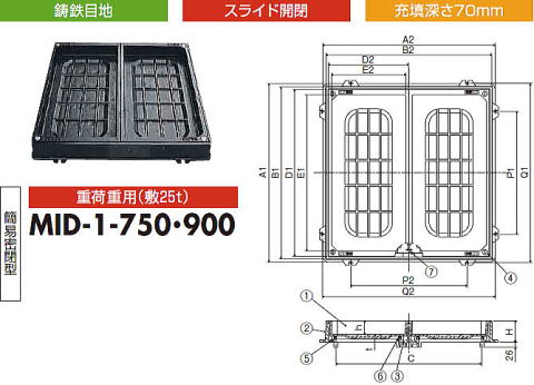 中部コーポレーション 角枠鋳鉄目地タイプ インターロッキングブロック用化粧マンホール MID-1 750/900 スライド開閉 充填深さ70ミリ