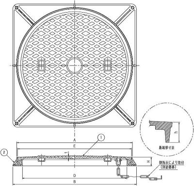 伊藤鉄工（IGS） 一般型角枠マンホール蓋 MCAH （中荷重用・水封形防臭型）  寸法図