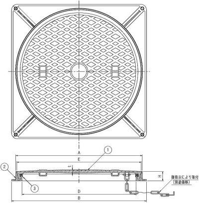 伊藤鉄工（IGS） 一般型角枠マンホール蓋 MCBHG （軽荷重用・パッキン付簡易密閉型）  寸法図