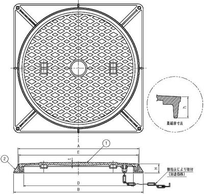 伊藤鉄工（IGS） 一般型角枠マンホール蓋 MCDH （重荷重用・水封形防臭型）   寸法図