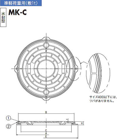 中部コーポレーション 準軽荷重用 FRPマンホール蓋 MK-C （敷1トン用） 寸法図