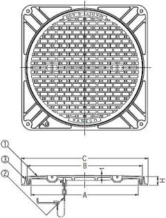 一般型角枠マンホール蓋 MKS-SN角（20トン用・水封型・すべり止め模様付） 寸法図