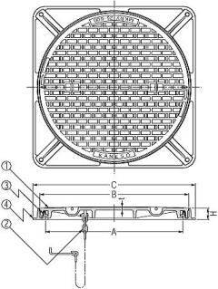 回転ロック式角枠マンホール蓋 MKRY-2角・MKRY-6角・MKRY-S角・MKRY-25角 寸法図