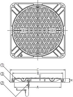 一般型角枠マンホール蓋 MKS-2N角（2トン用・水封型・すべり止め模様付） 寸法図