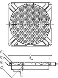 一般型角枠マンホール蓋 MKSY-2N角（2トン用・簡易密閉型・すべり止め模様付） 寸法図