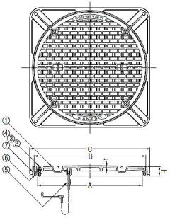 カネソウ 一般型角枠マンホール蓋 MWA-2角・MWA-6角・MWA-S角 寸法図