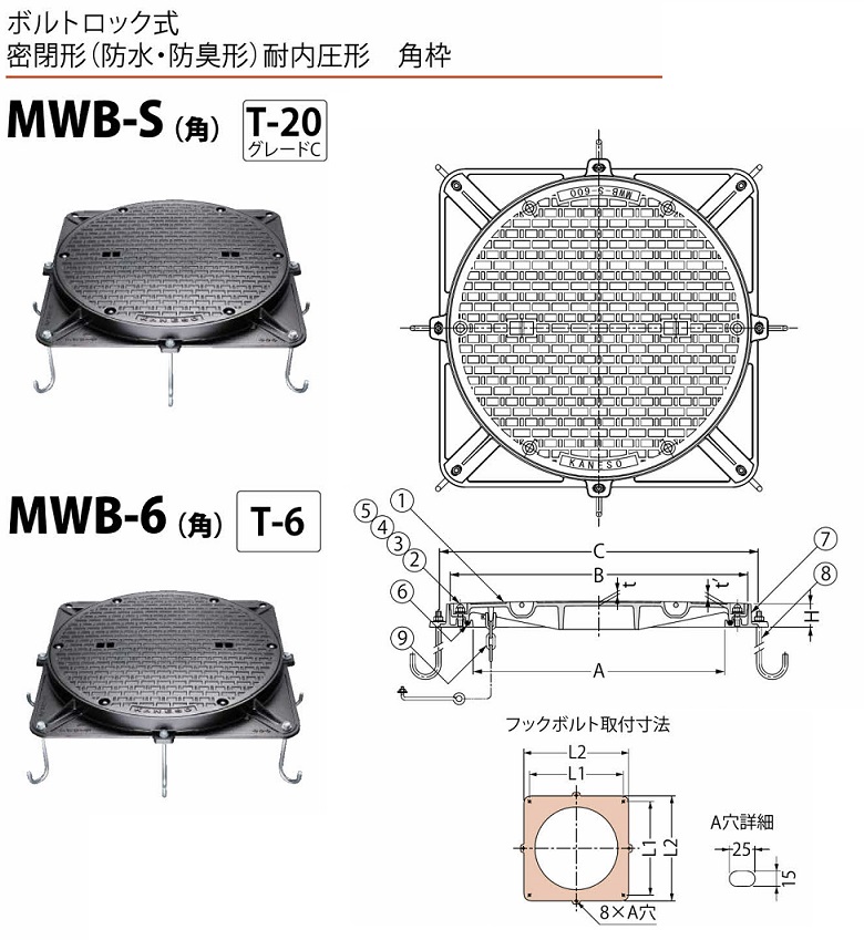 カネソウ マンホール・ハンドホール鉄蓋 MWB-6-600 角枠-a(鎖なし