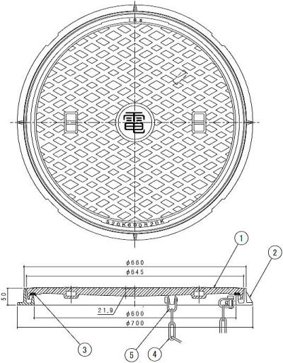 伊藤鉄工（IGS） ハンドホール蓋 丸桝タイプ R25K（重荷重用・簡易防水型） 寸法図