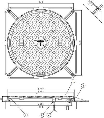 伊藤鉄工（IGS） ハンドホール蓋 角桝タイプ S2K（軽荷重用・簡易防水型） 寸法図