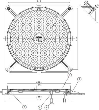伊藤鉄工（IGS） ハンドホール蓋 角桝タイプ S8K（中荷重用・簡易防水型）  寸法図